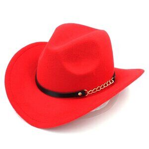Red Western Cowboy Hat Wide Brim Fedora Style with Chain Band for Men & Women